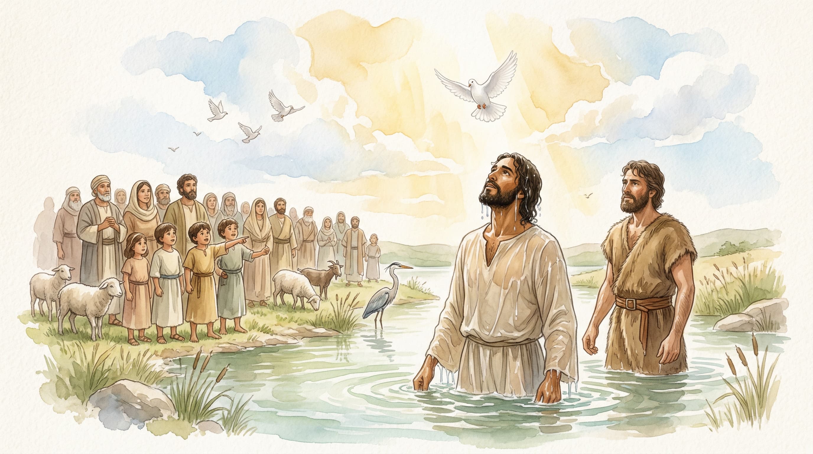 Jesus standing in the Jordan River as the heavens open above him and a dove descends in golden light
