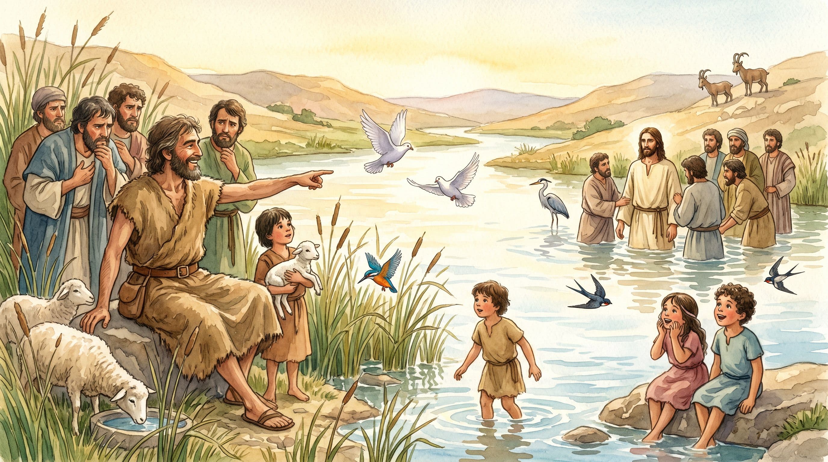John the Baptist standing at a riverbank pointing toward Jesus in the distance, his disciples around him with troubled faces, golden light over the water