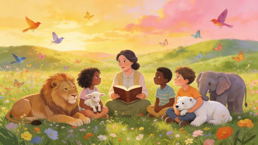 A teacher sitting with children around an open Bible in warm golden light