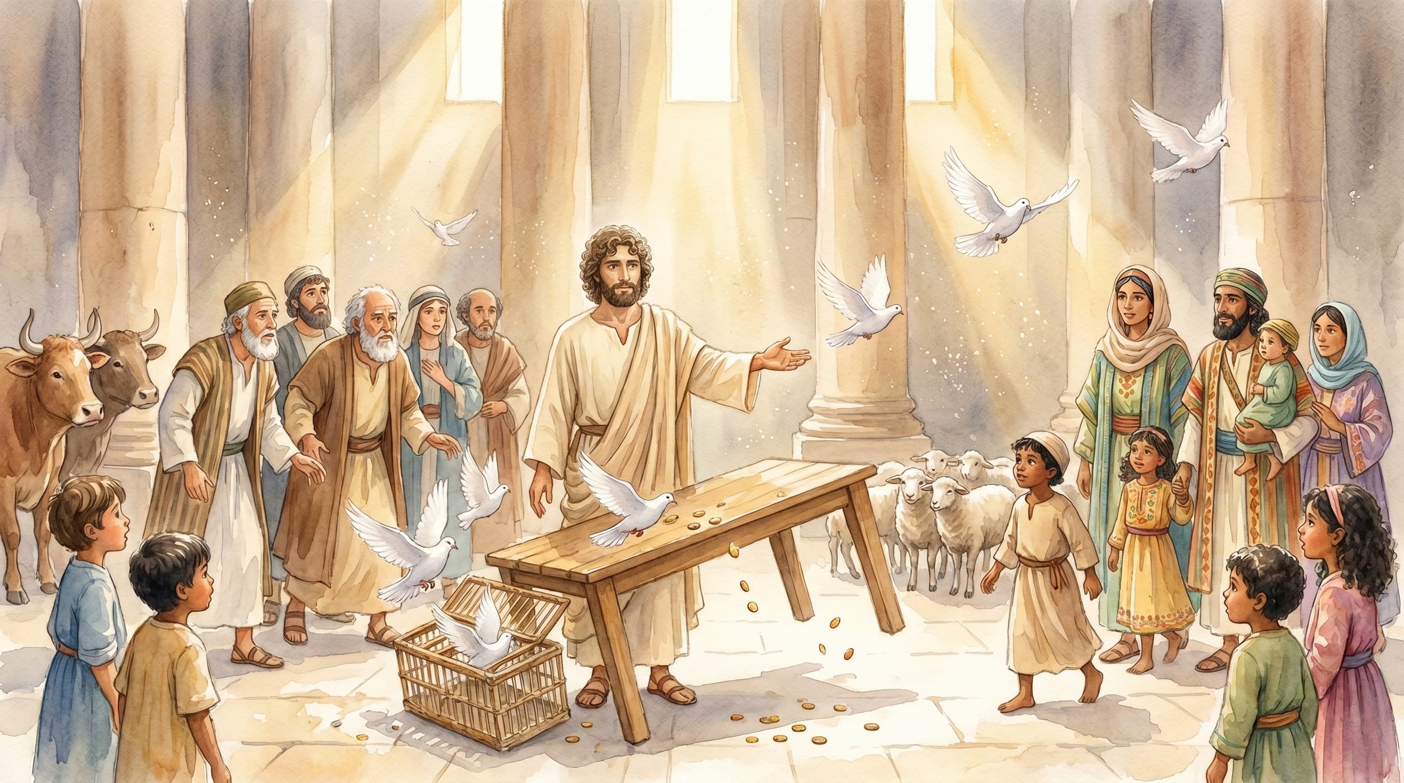 Jesus driving merchants and animals out of the temple courts, tables overturned and coins scattering on the stone floor