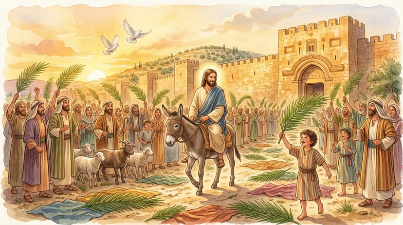 A humble king riding a donkey into a crowded ancient city, people waving palm branches